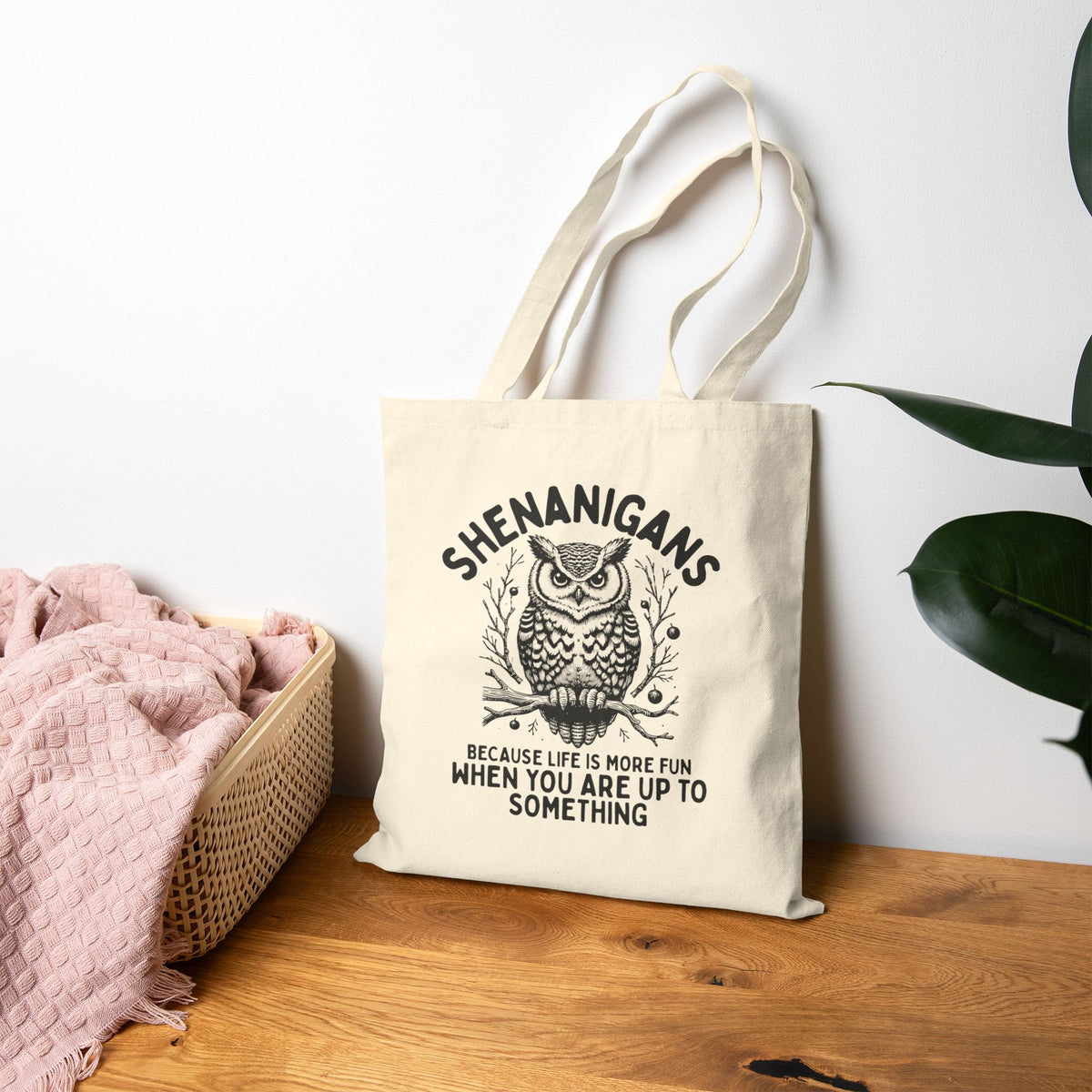 Shenanigans Owl Cotton Tote Bag – Vintage Whimsical Quote Shopper