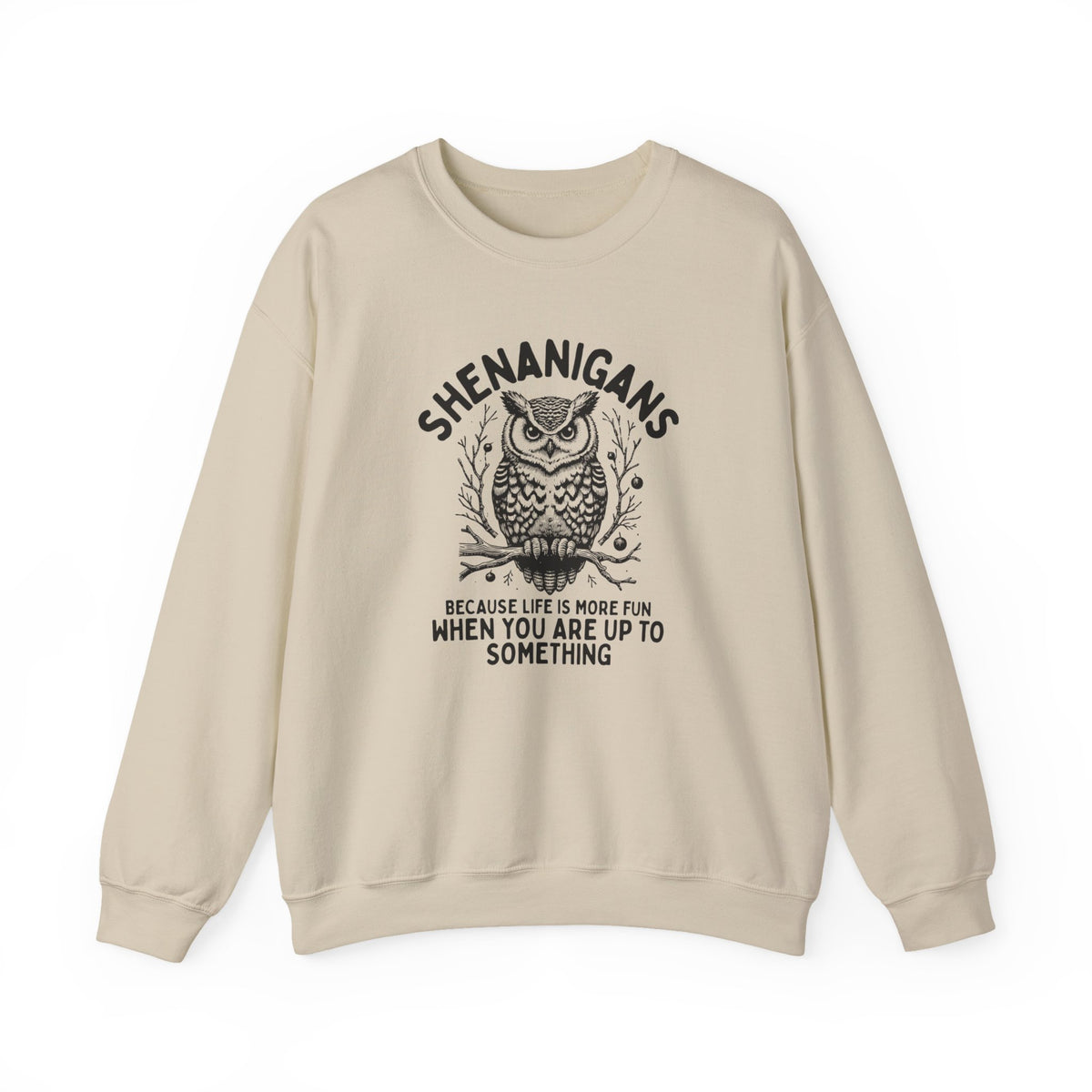 Shenanigans Owl Crewneck Sweatshirt "Because Life Is More Fun When You Are Up To Something"