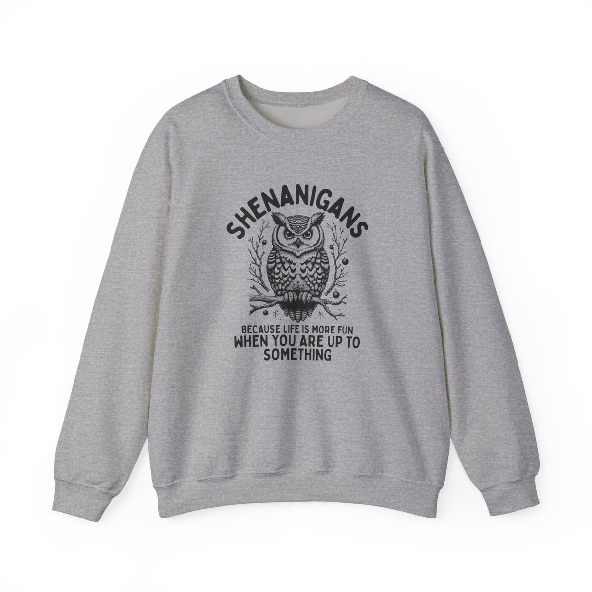 Shenanigans Owl Crewneck Sweatshirt "Because Life Is More Fun When You Are Up To Something"