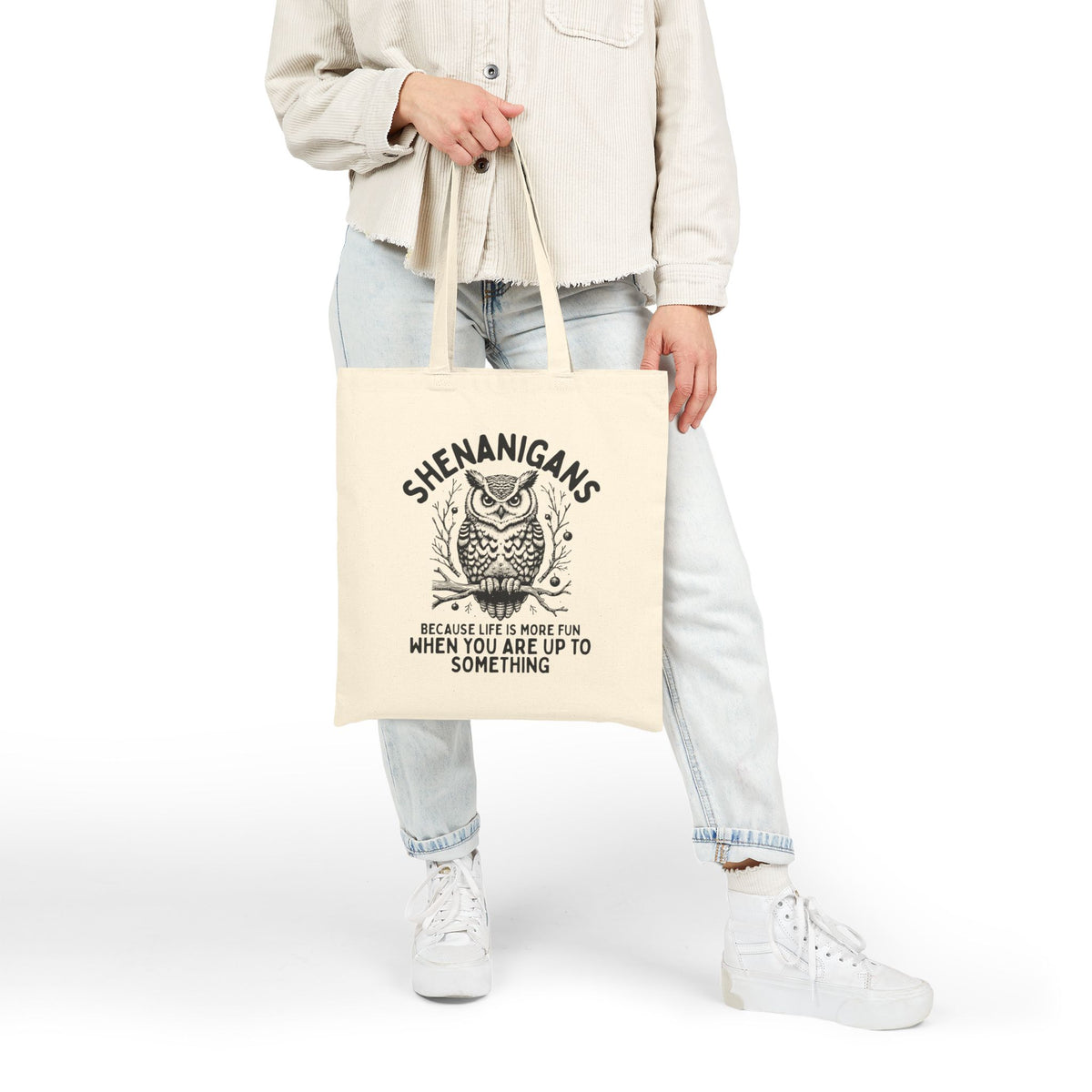 Shenanigans Owl Cotton Tote Bag – Vintage Whimsical Quote Shopper