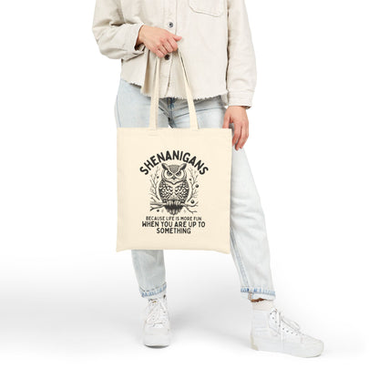 Shenanigans Owl Cotton Tote Bag – Vintage Whimsical Quote Shopper