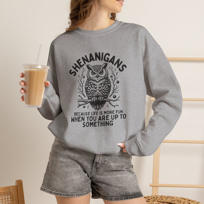 Shenanigans Owl Crewneck Sweatshirt "Because Life Is More Fun When You Are Up To Something"