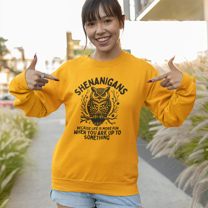 Shenanigans Owl Crewneck Sweatshirt "Because Life Is More Fun When You Are Up To Something"